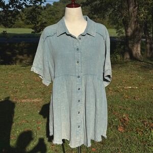 Umgee Plus Blue Cotton Gauze Babydoll Tunic Top XL Raw Edge Mineral Wash WK6397